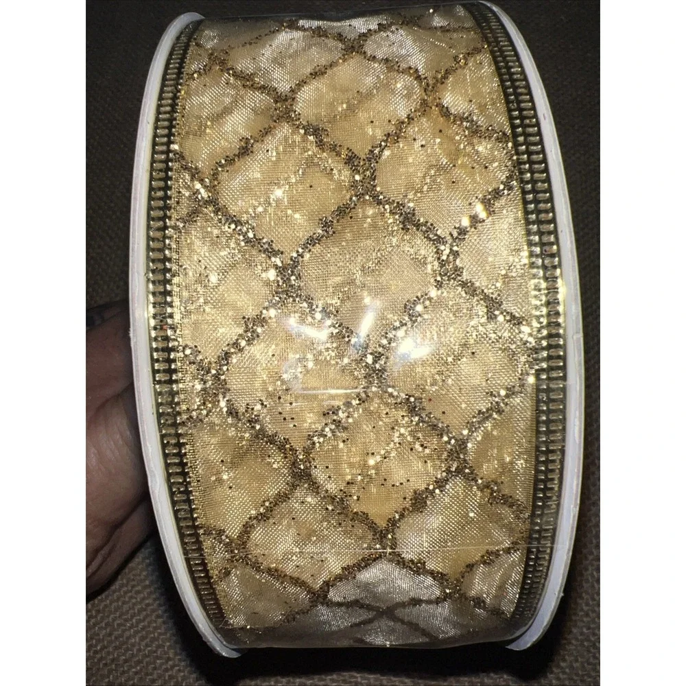 Holiday Time Gold Wired Ribbon 2in x 75ft Glitter Diamond Lattice RB03